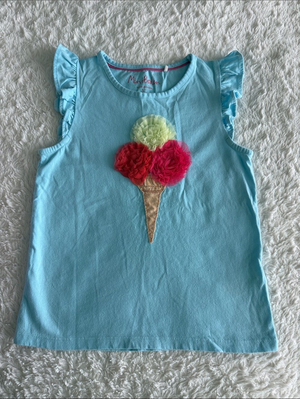 Mini Boden girls size 6-7 blue sleeveless ice cream cone knit shirt summer